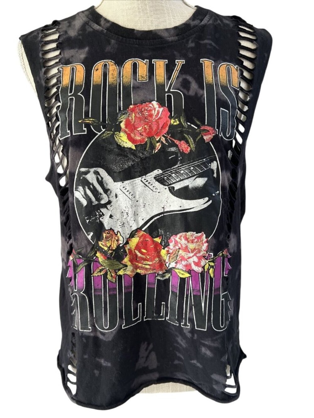 Forever 21 Rock Is Rolling Black Tie-Dye Cutout Tank Top Rose Guitar Graphic S